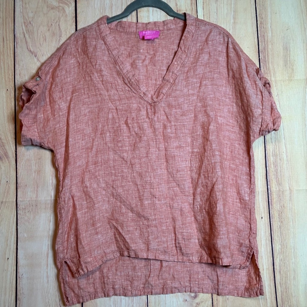 Isaac Mizrahi Linen Blouse‎ WomenSmall Terracotta Button Tab V-Neck Coastal Boho
